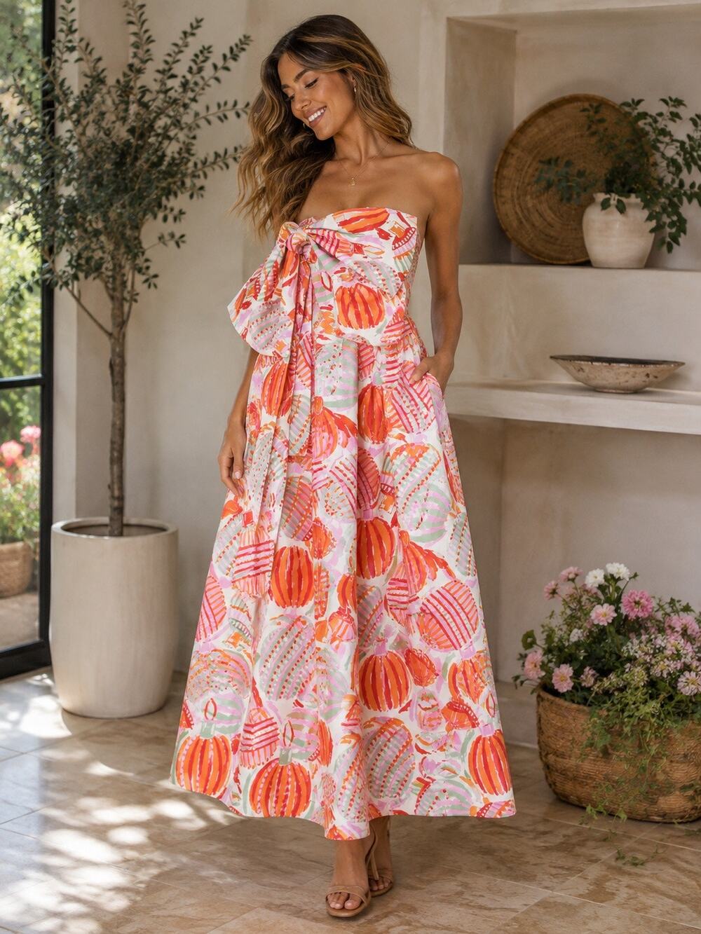 Prosperina Gold Label Strapless Bow Print Maxi Dress Size S NWT MSRP $199